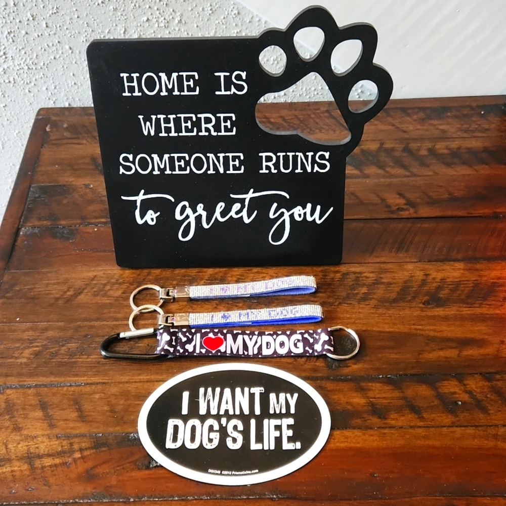 Various adorable dog themed items...magnet, key  rings, home decor. Great condit
